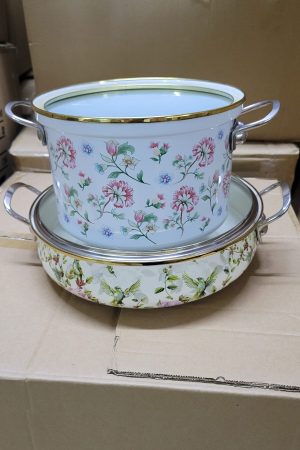 Elegant Floral Enamel Cookware Set – 2 Piece Enamel Pots with Lids