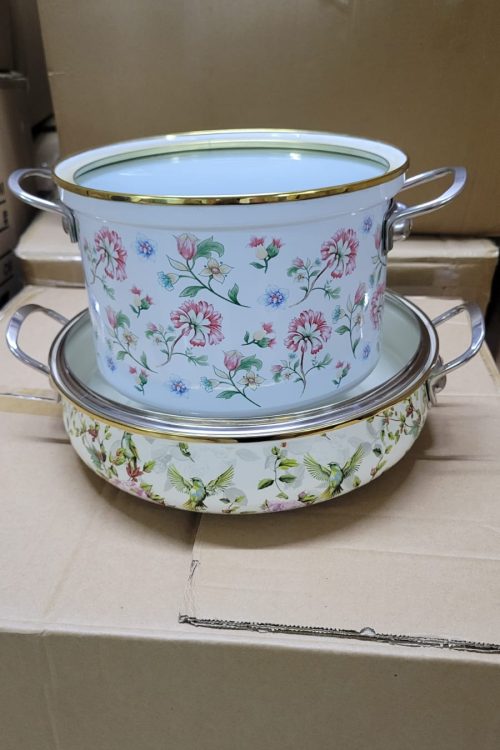 Elegant Floral Enamel Cookware Set – 2 Piece Enamel Pots with Lids