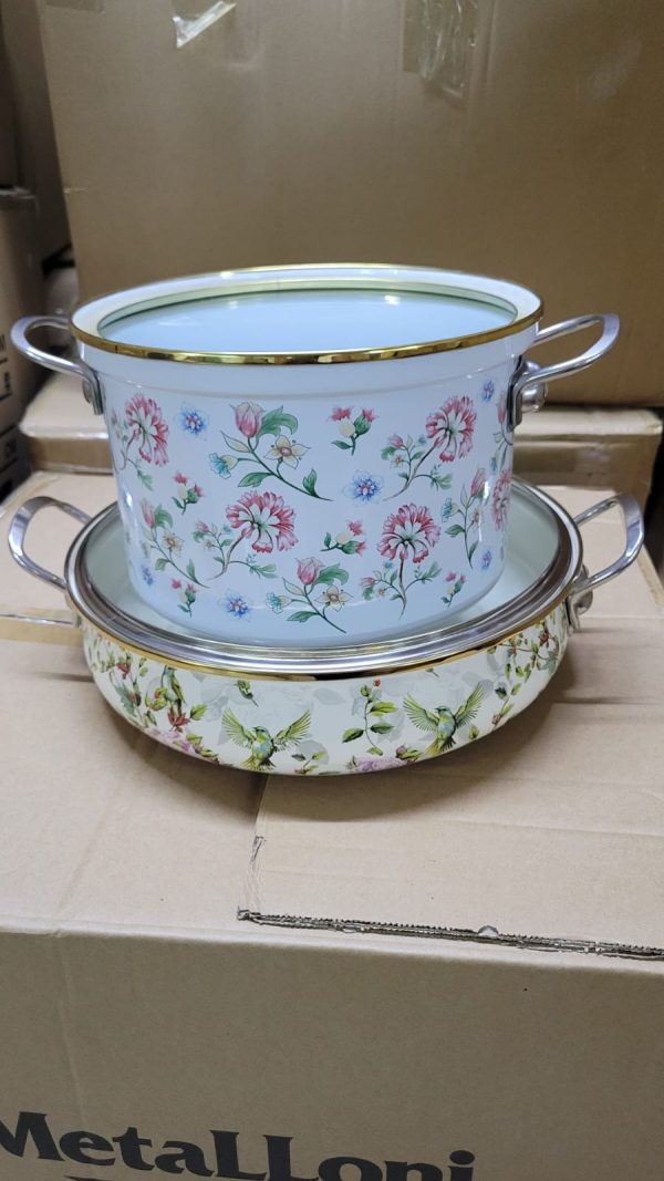 Elegant Floral Enamel Cookware Set – 2 Piece Enamel Pots with Lids
