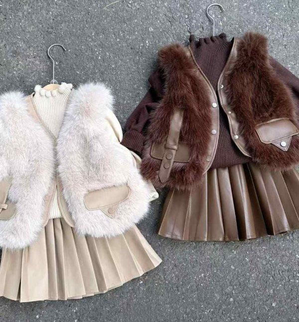 Trendy Girls' Dress & Faux Fur Vest Sets (Turkey Collection) - Image 2