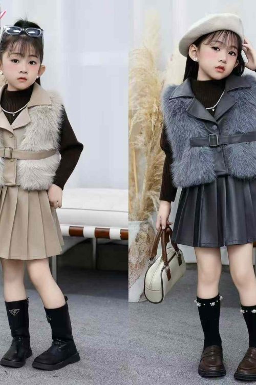 Trendy Girls’ Dress & Faux Fur Vest Sets (Turkey Collection)