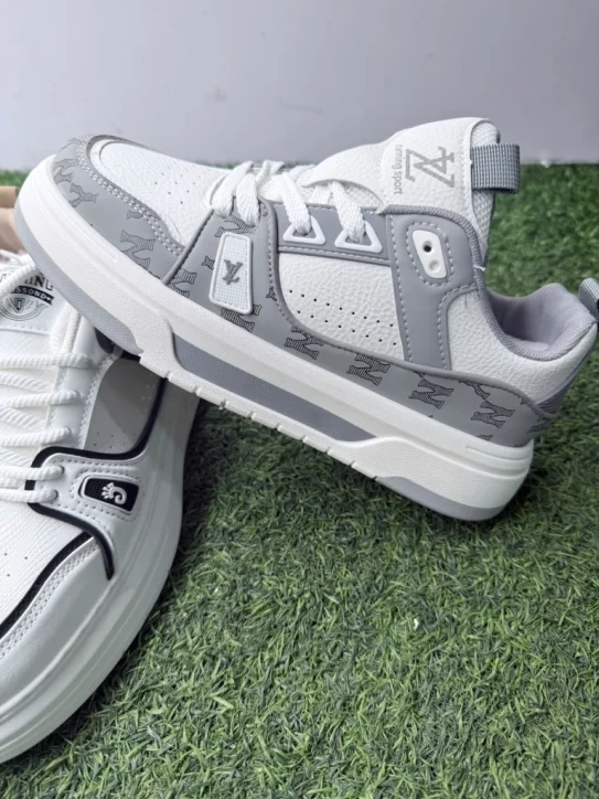 Grey monogram and white black unisex designer sneakers side detail
