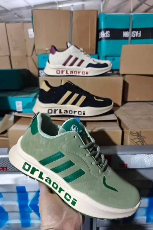 Men’s Chunky Stripe Athletic Sneakers — Green, Black & Cream — Size 39–44