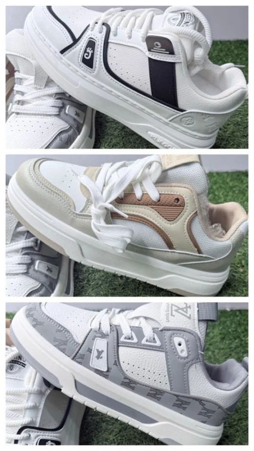 Three unisex designer sneaker designs — white black, beige, and grey monogram colourways