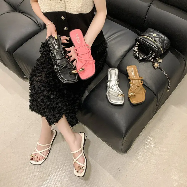 Toe-Ring Slide Sandals - Gold Ring Detail Square Toe