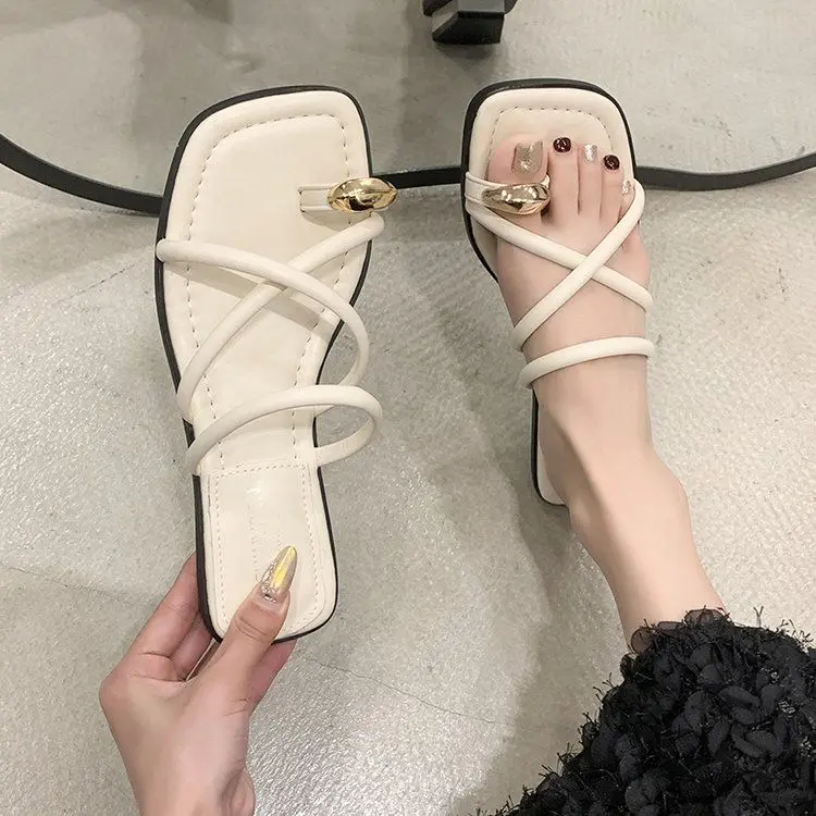 Toe-Ring Slide Sandals - Gold Ring Detail Square Toe - Image 2