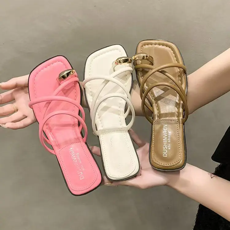 Toe-Ring Slide Sandals - Gold Ring Detail Square Toe - Image 3