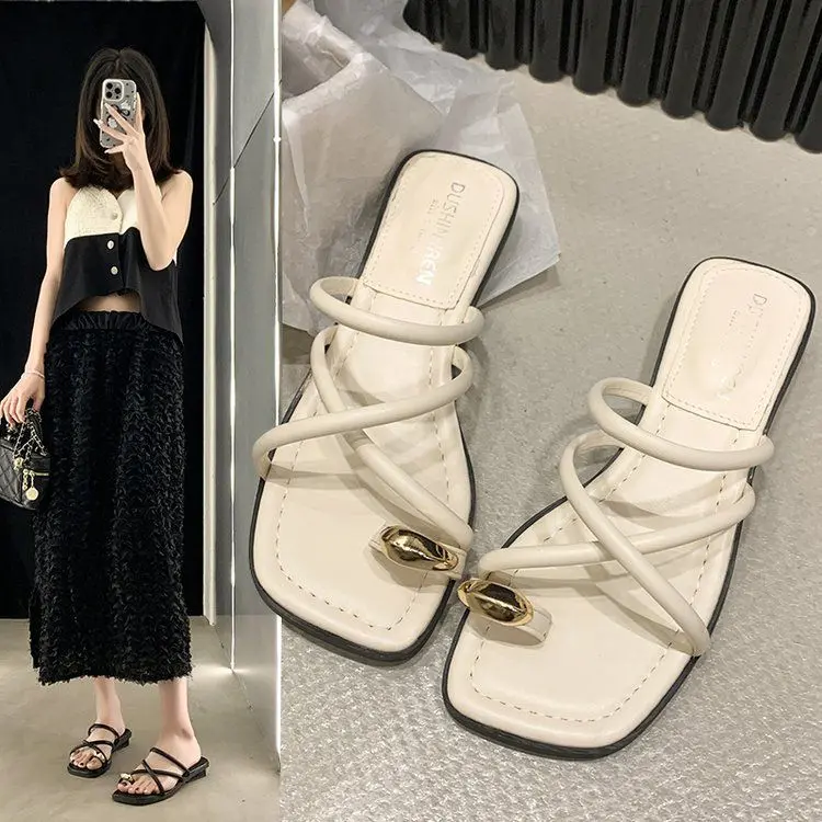 Toe-Ring Slide Sandals - Gold Ring Detail Square Toe - Image 4