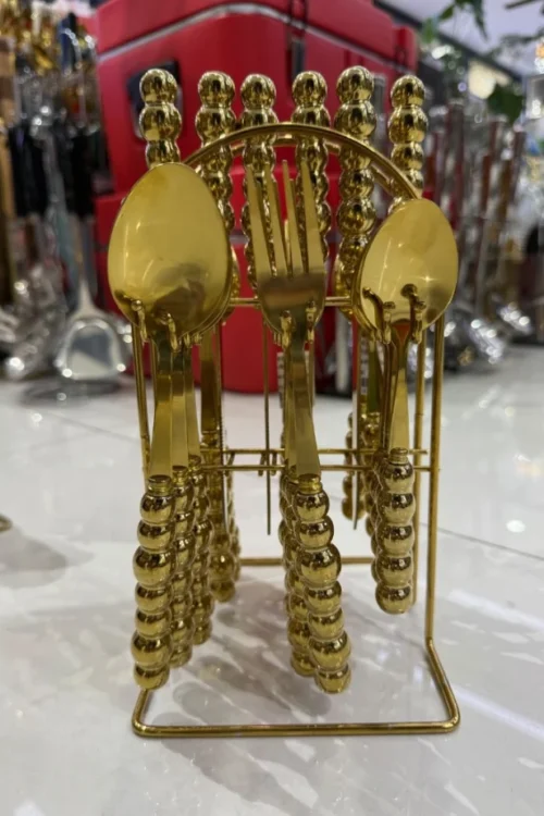 Luxury 24-Piece Gold Beaded Cutlery Set with Stand