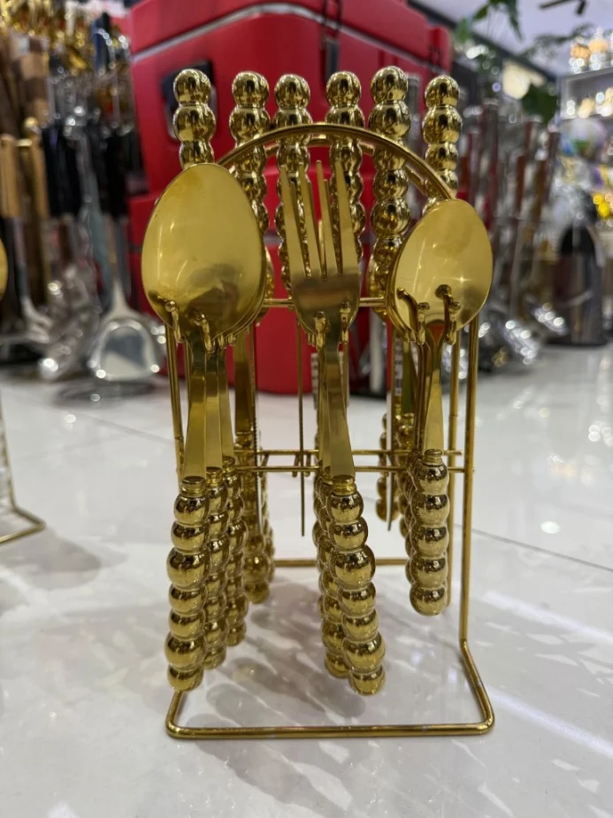 Luxury 24-Piece Gold Beaded Cutlery Set with Stand