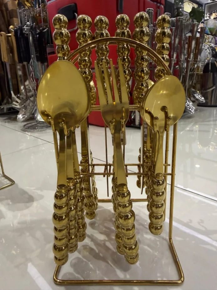 Luxury 24-Piece Gold Beaded Cutlery Set with Stand