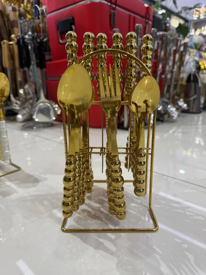 Luxury 24-Piece Gold Beaded Cutlery Set with Stand