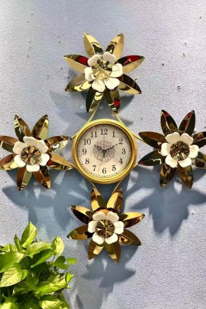 Gold White Floral Metal Wall Clock