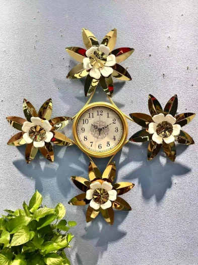 Gold White Floral Metal Wall Clock