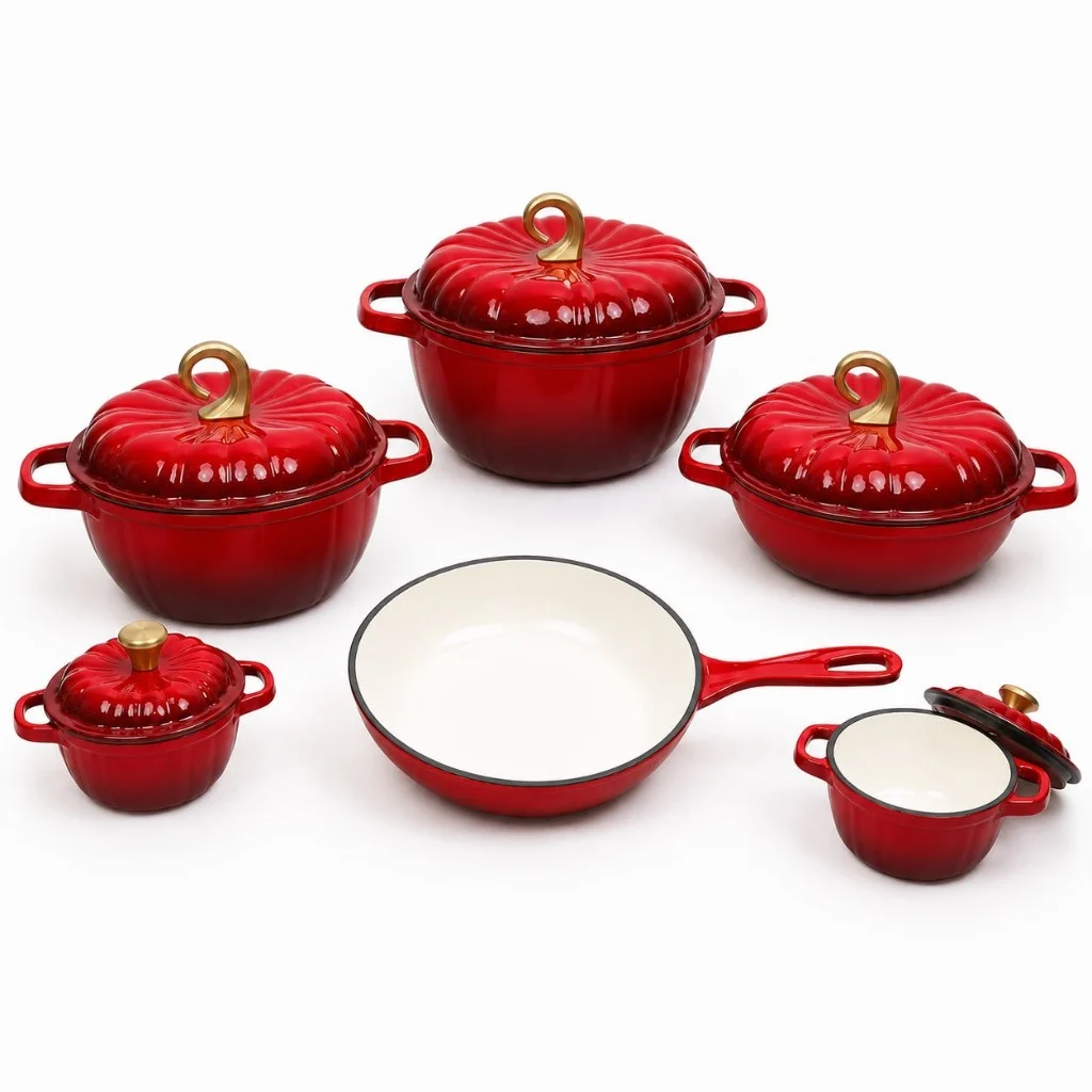 HarvestLuxe Pumpkin Cast Iron 11-Piece Set — Cherry Red