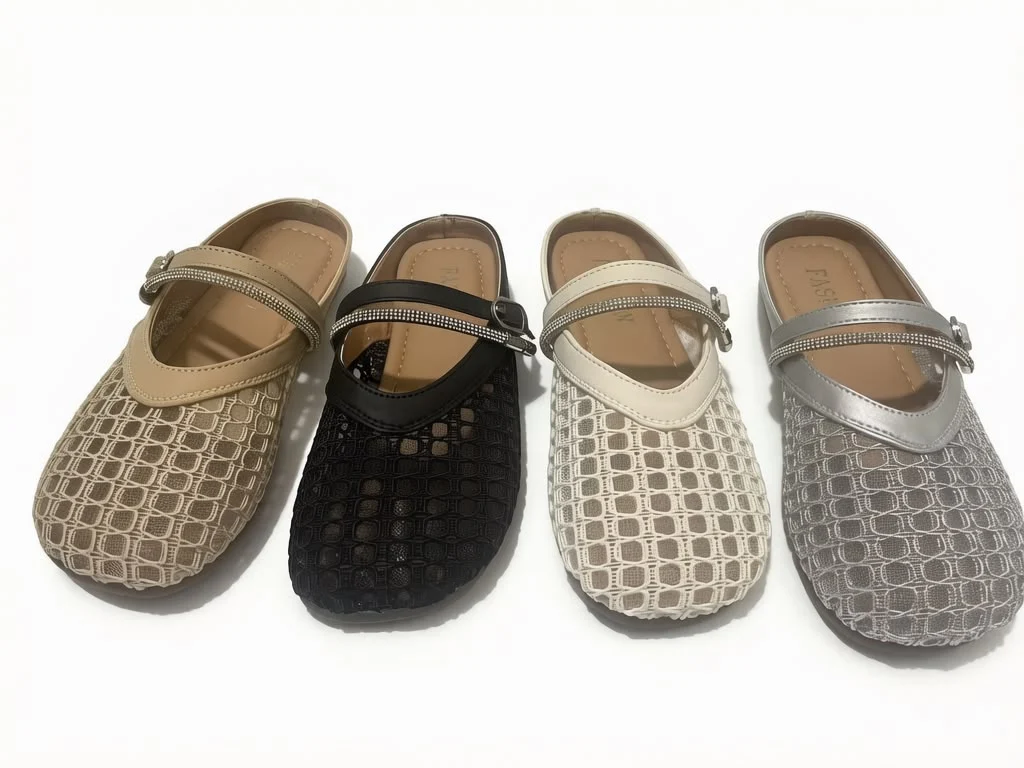 Women's Mesh Grid Crystal Flat Mules