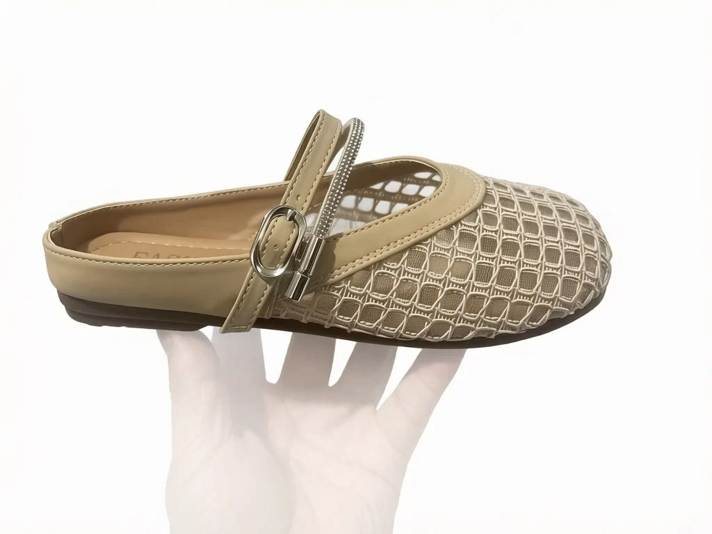 Women's Mesh Grid Crystal Flat Mules