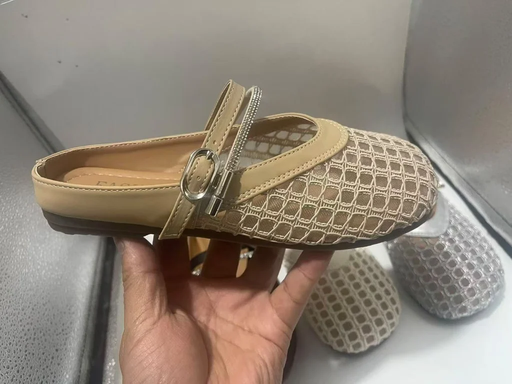 Women's Mesh Grid Crystal Flat Mules