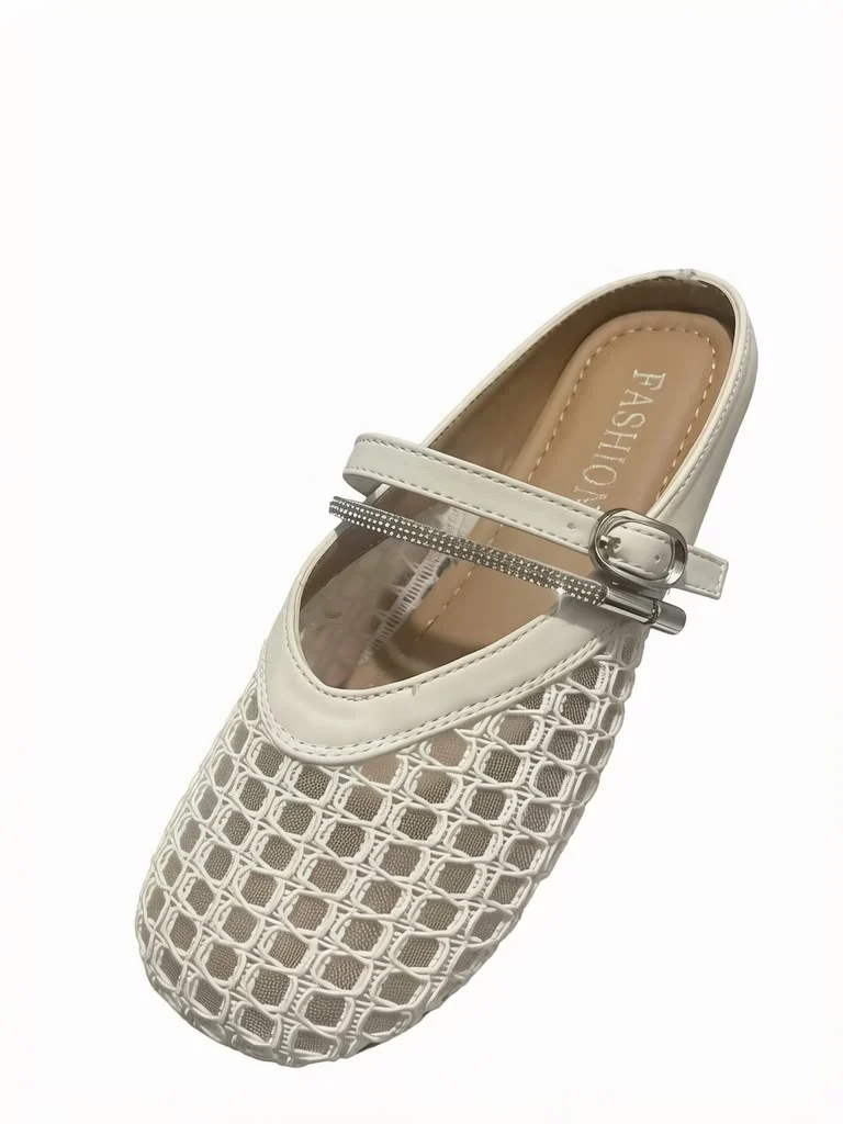 Women's Mesh Grid Crystal Flat Mules