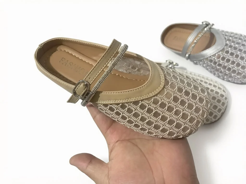Women's Mesh Grid Crystal Flat Mules