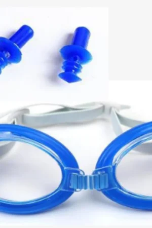 Kids swim goggles with matching earplugs Age 3+ PS lenses rubber headband mixed color wholesale