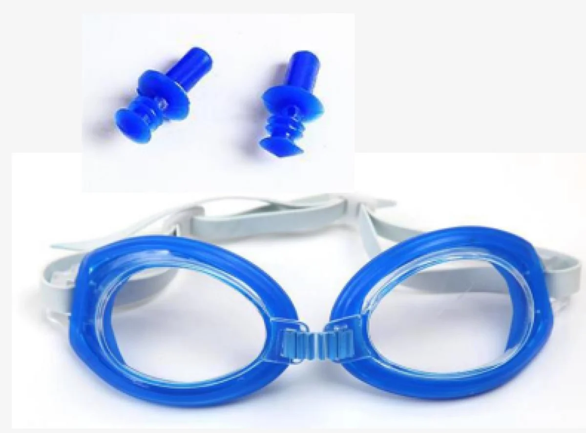 Kids swim goggles with matching earplugs Age 3+ PS lenses rubber headband mixed color wholesale