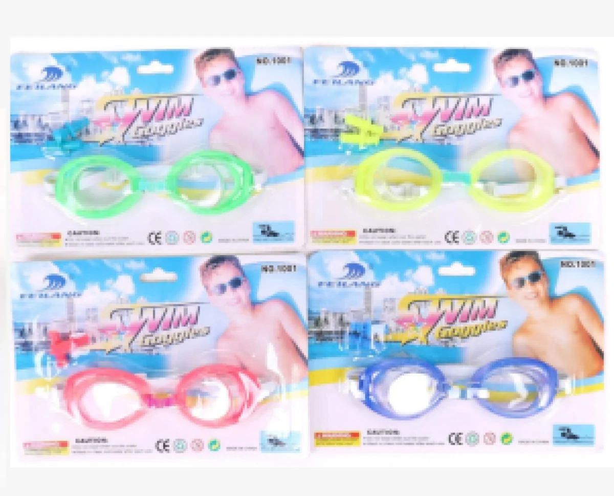 Kids swim goggles with earplugs mixed color green yellow pink blue retail packs carton wholesale